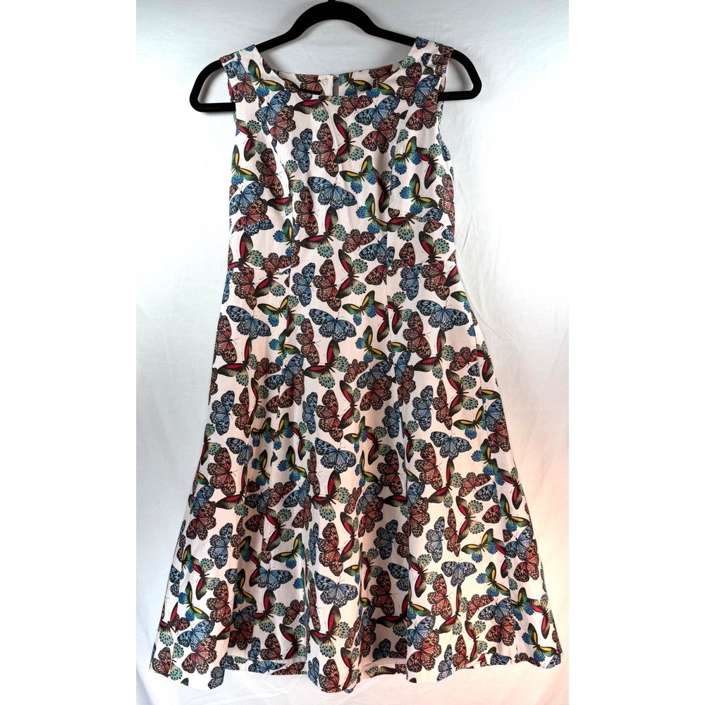 Talbots Butterfly Print Sleeveless Fit and Flare Dress White Multi Pockets Sz 2